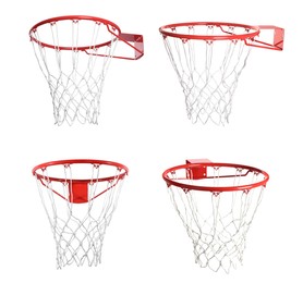Image of Collage of basketball hoop isolated on white, different sides