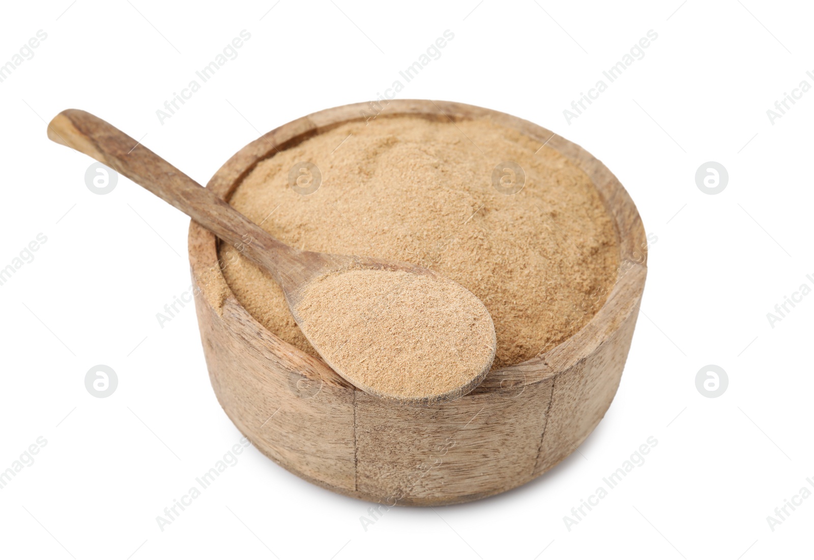 Photo of Dietary fiber. Psyllium husk powder in bowl and spoon isolated on white