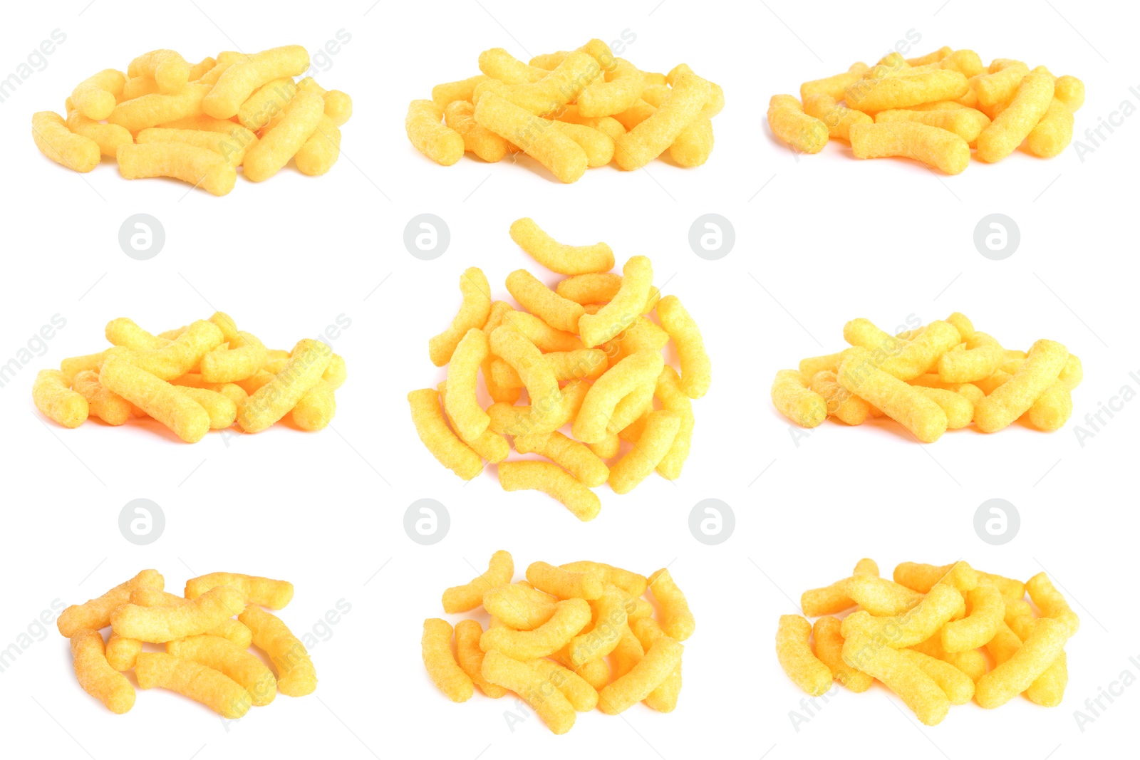 Image of Heaps of tasty corn sticks on white background, collage design