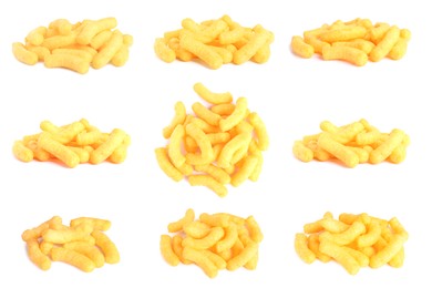 Heaps of tasty corn sticks on white background, collage design