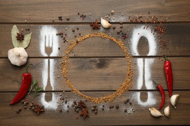 Beautiful flat lay composition with different spices, silhouettes of cutlery and plate on wooden background. Space for text