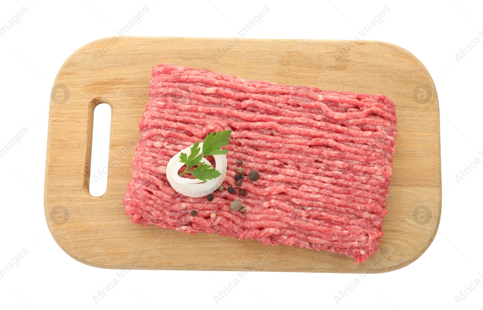 Photo of Board with raw ground meat, onion, peppercorns and parsley isolated on white, top view