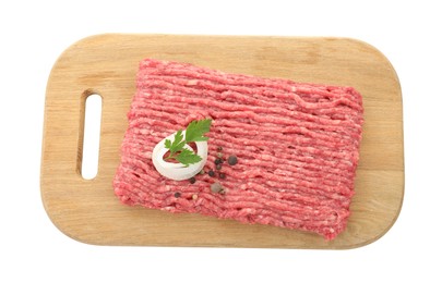 Board with raw ground meat, onion, peppercorns and parsley isolated on white, top view