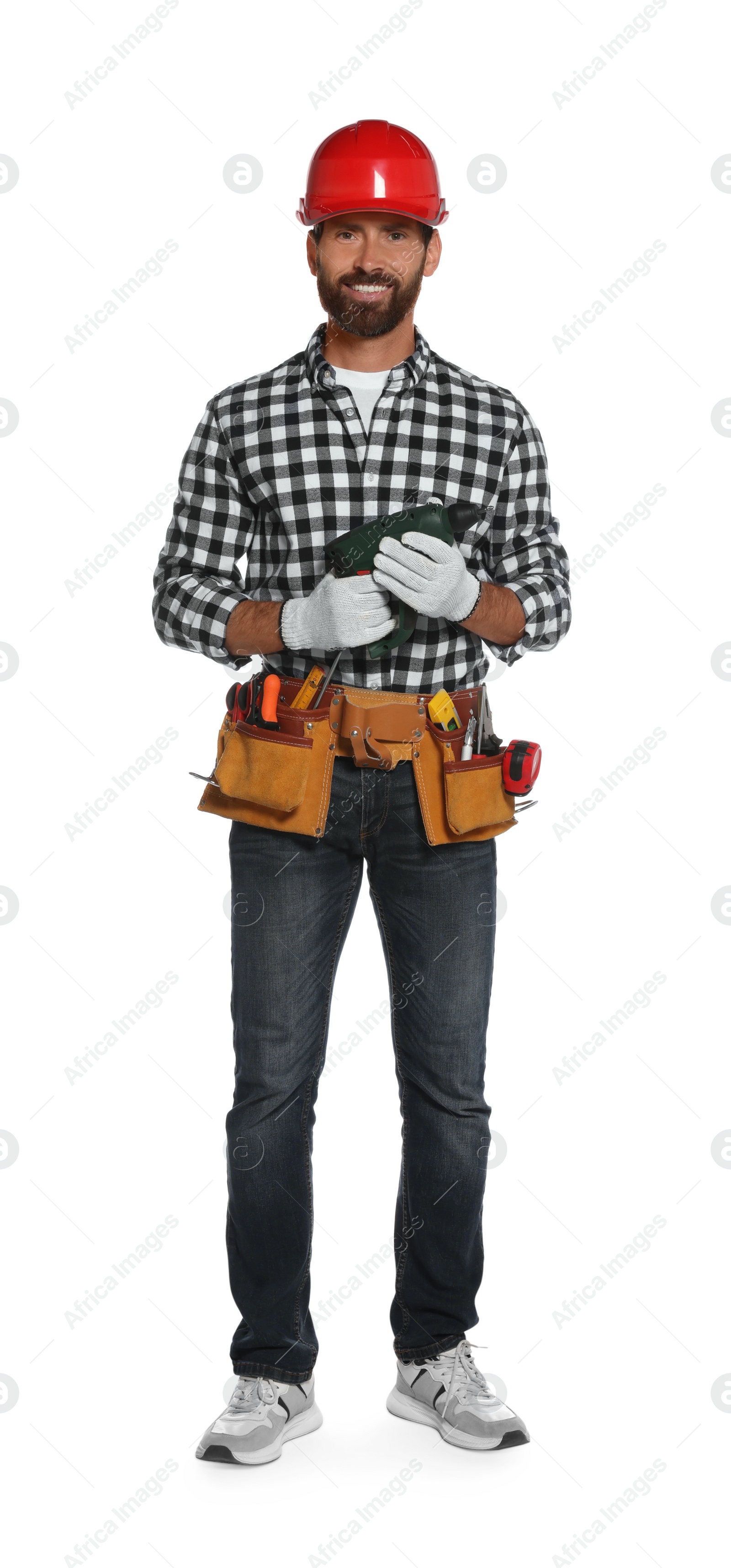 Photo of Professional builder in hard hat with tool belt and power drill isolated on white