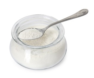 Photo of Baking powder in glass jar and spoon isolated on white