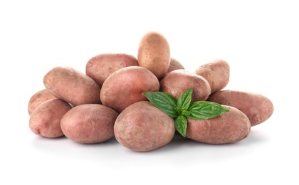 Photo of Fresh ripe organic potatoes on white background