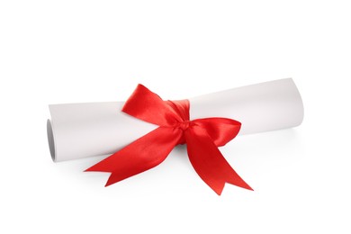 Rolled student's diploma with red ribbon isolated on white