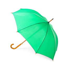 Photo of Modern opened green umbrella isolated on white