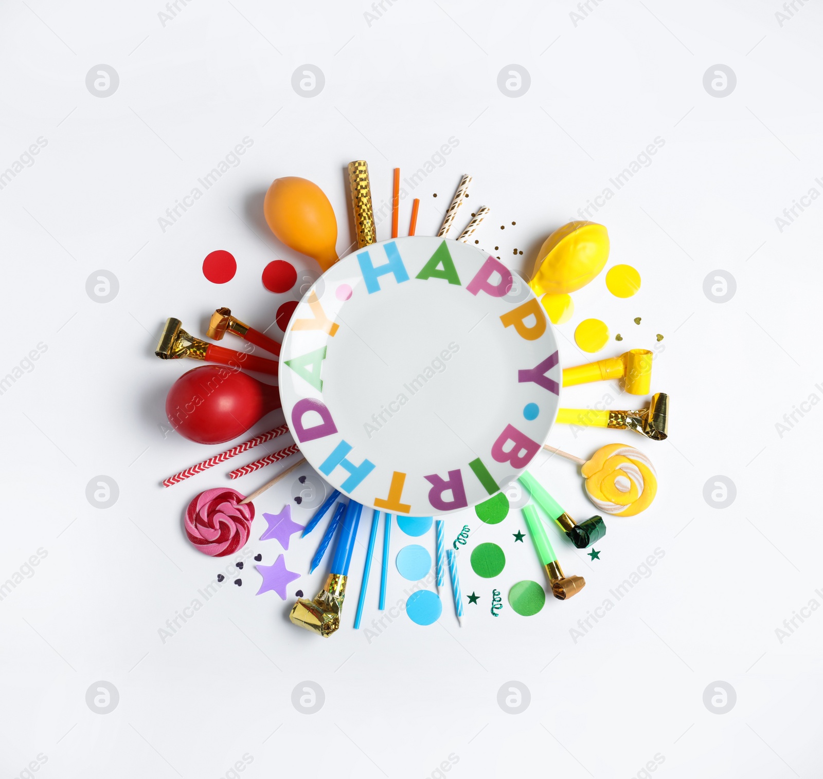 Photo of Composition with birthday party items on white background, top view. Space for text