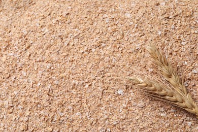 Photo of Spikelets on heap of wheat bran, flat lay. Space for text