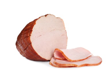 Photo of Delicious ham and slices isolated on white
