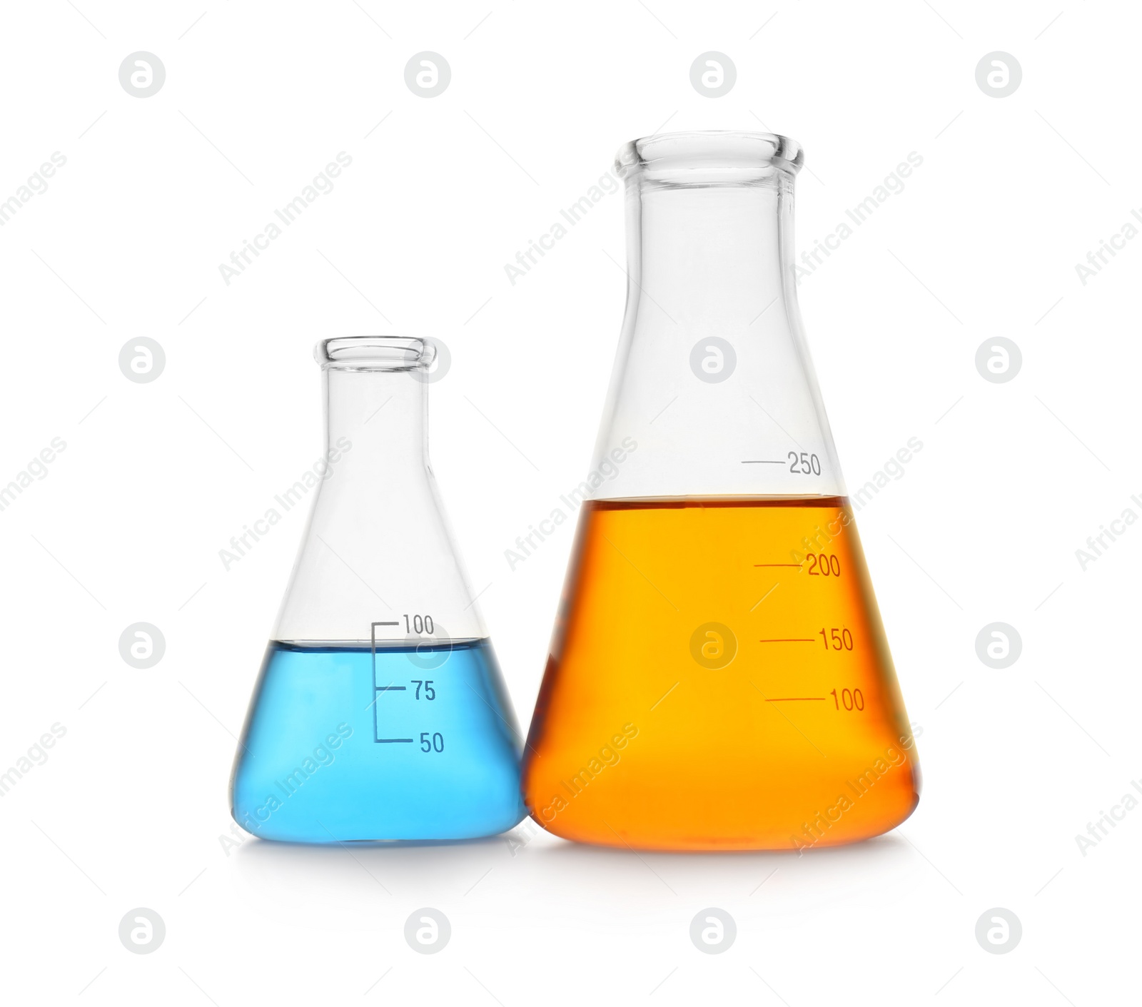 Photo of Chemistry glassware with color samples isolated on white