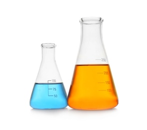 Photo of Chemistry glassware with color samples isolated on white