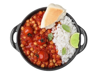Delicious chickpea curry with rice on white background, top view