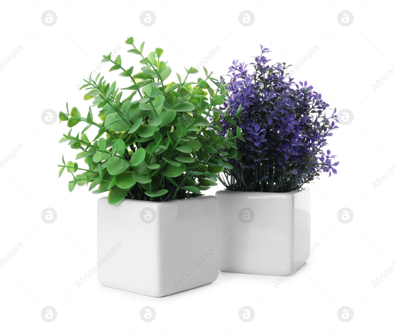 Photo of Beautiful artificial plants in flower pots isolated on white