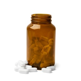 Photo of Bottle with vitamin capsules isolated on white