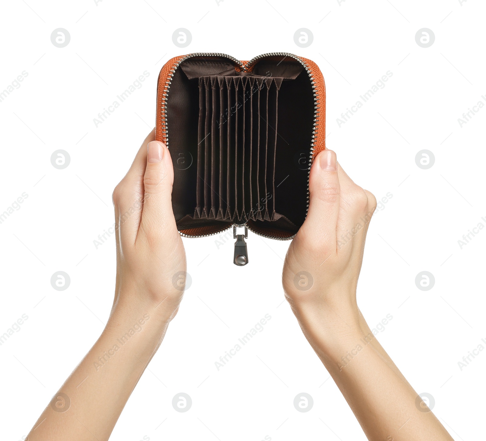 Photo of Woman with empty wallet on white background, closeup