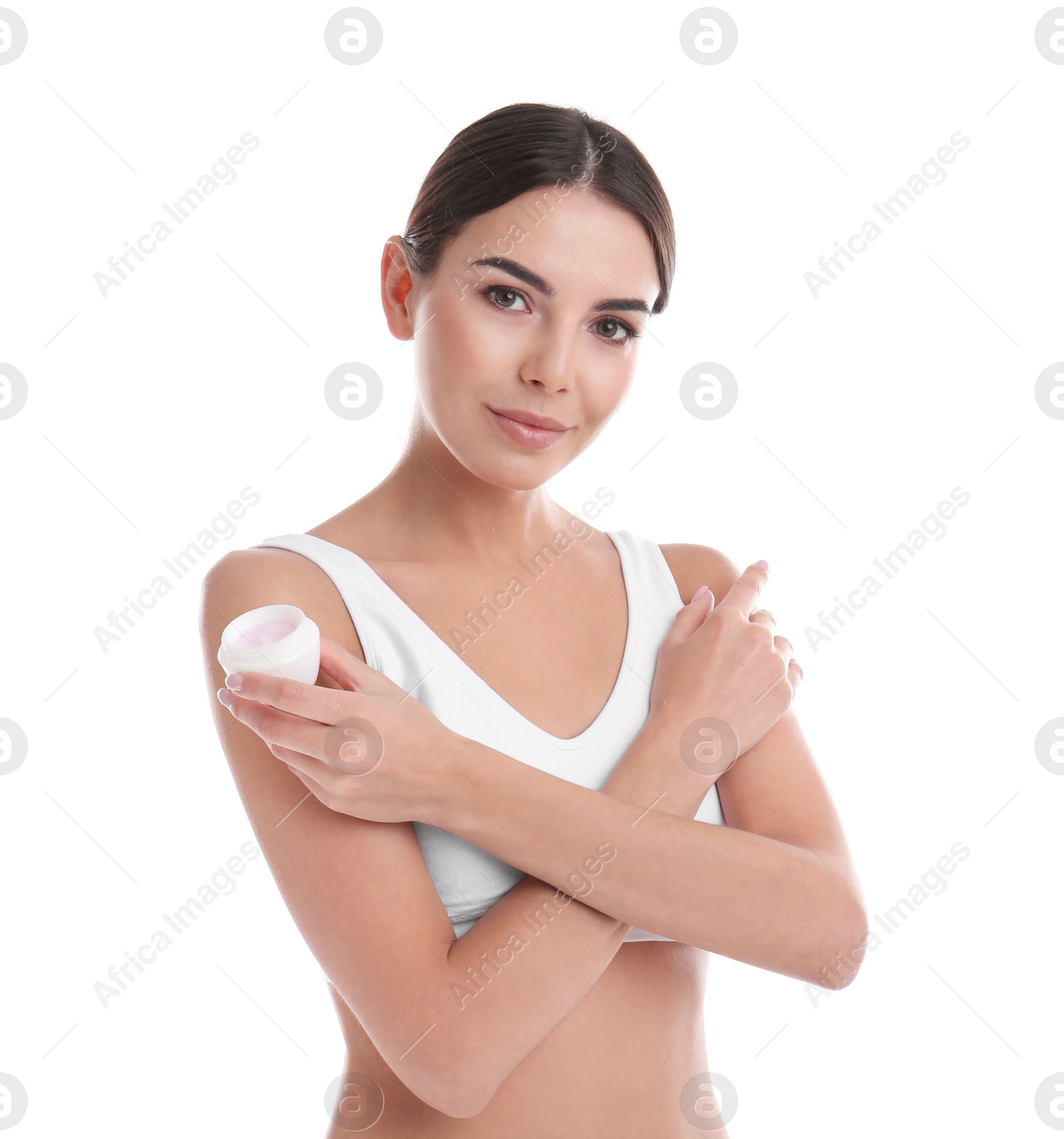 Photo of Portrait of young woman with jar of cream on white background. Beauty and body care