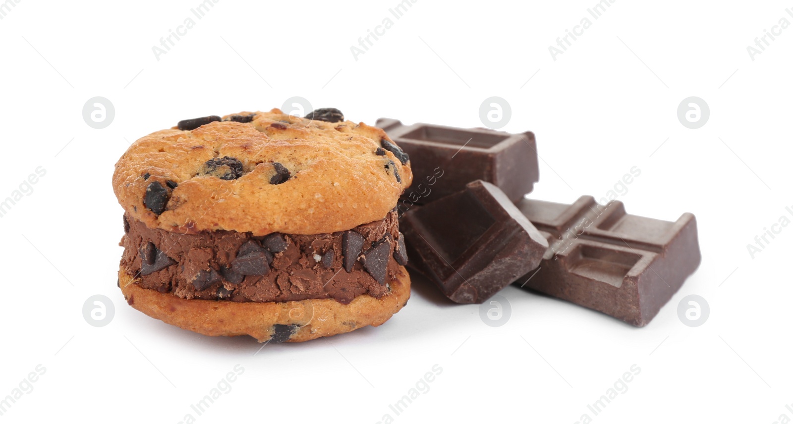 Photo of Sweet delicious ice cream cookie sandwich and chocolate isolated on white