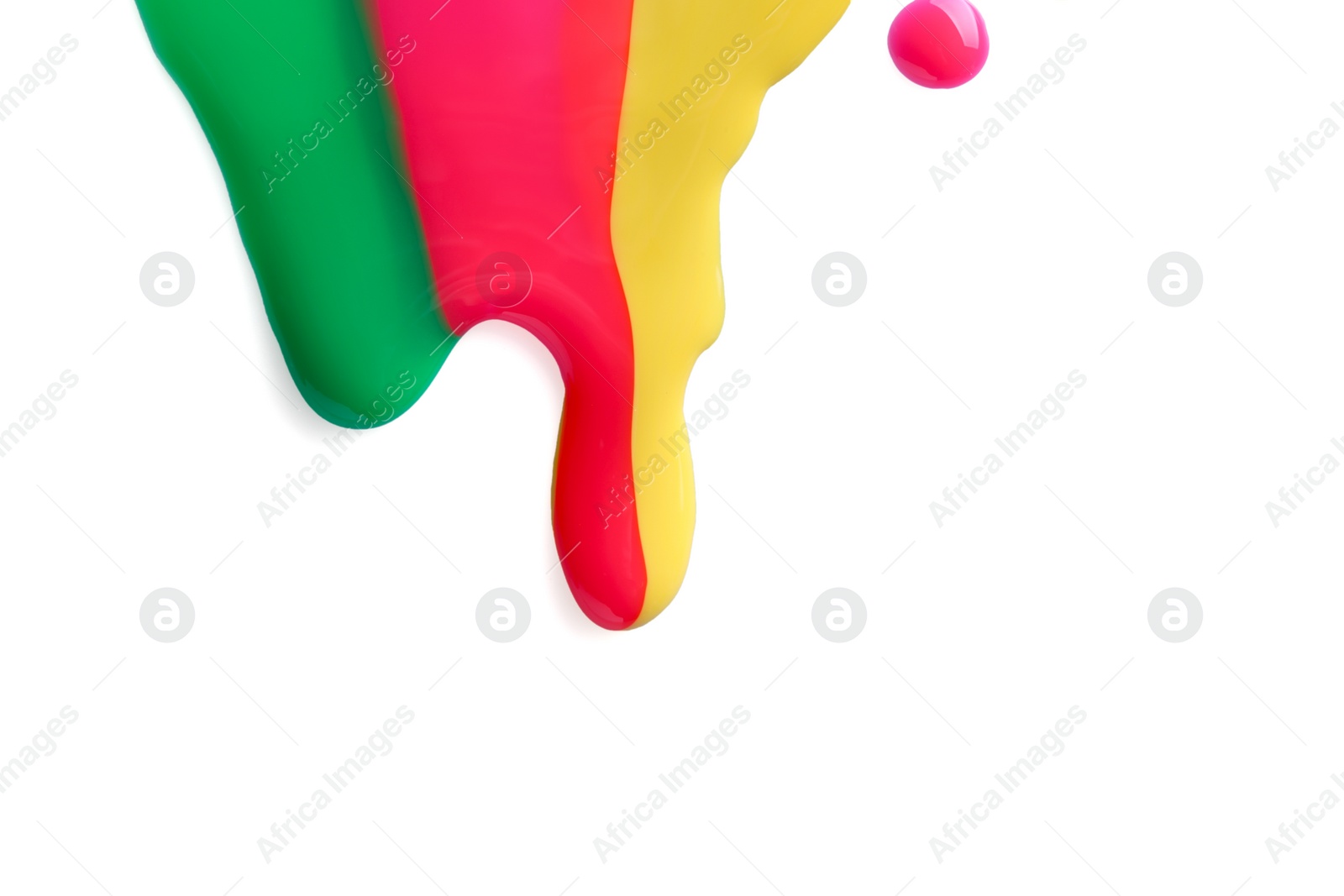 Photo of Different color nail polishes flowing on white background