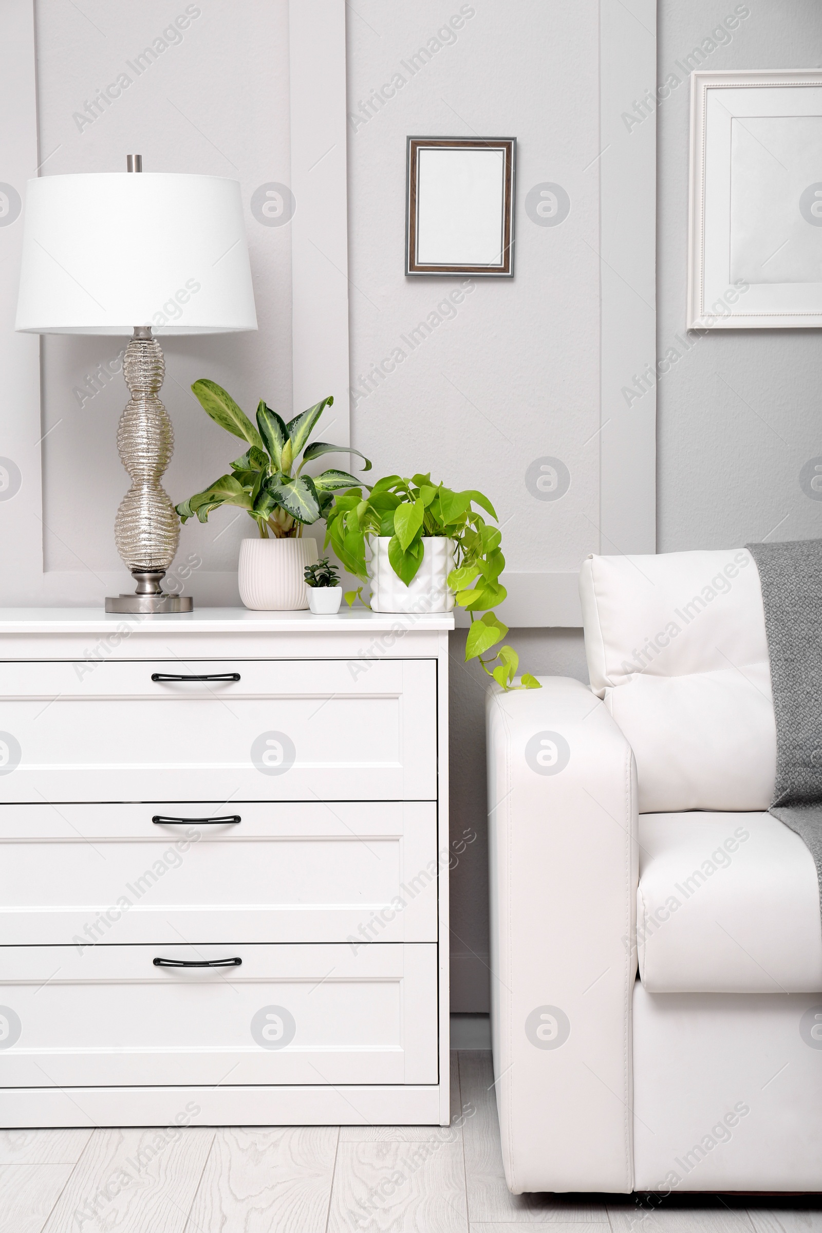 Photo of Living room interior with white furniture, stylish accessories and houseplants