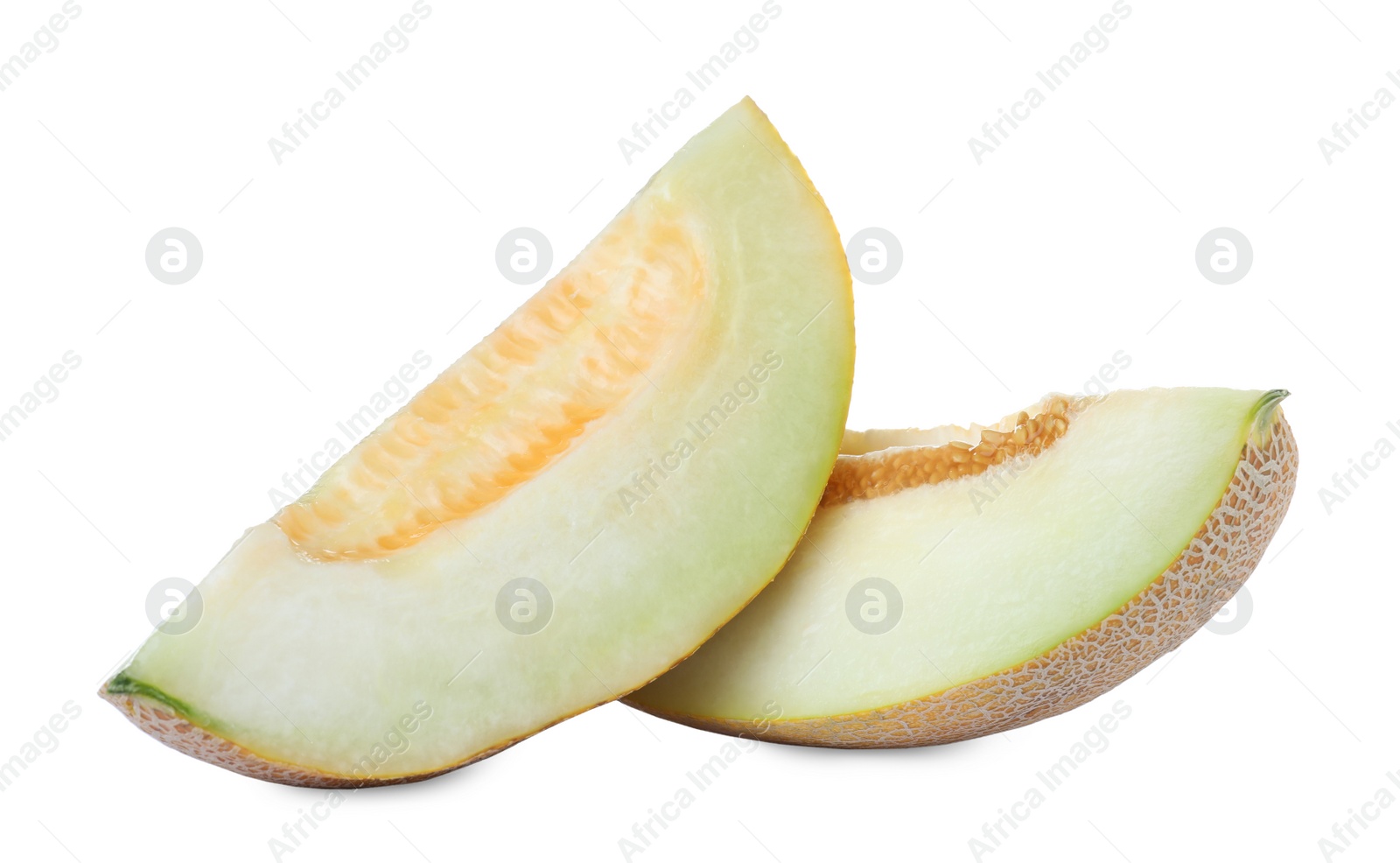 Photo of Pieces of delicious honeydew melon isolated on white