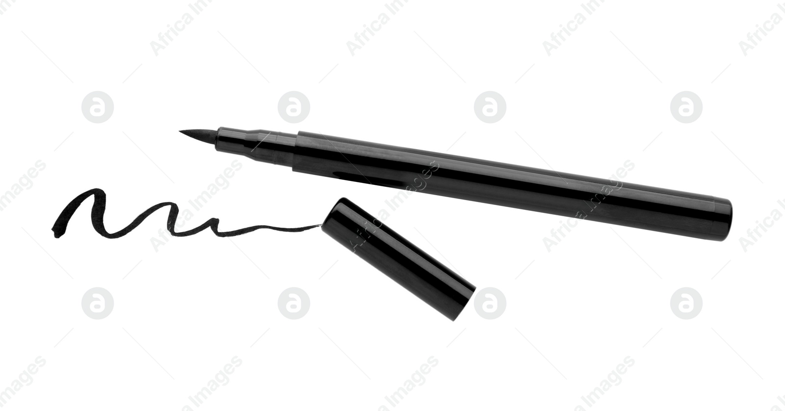 Photo of Eyeliner marker and stroke on white background, top view. Makeup product