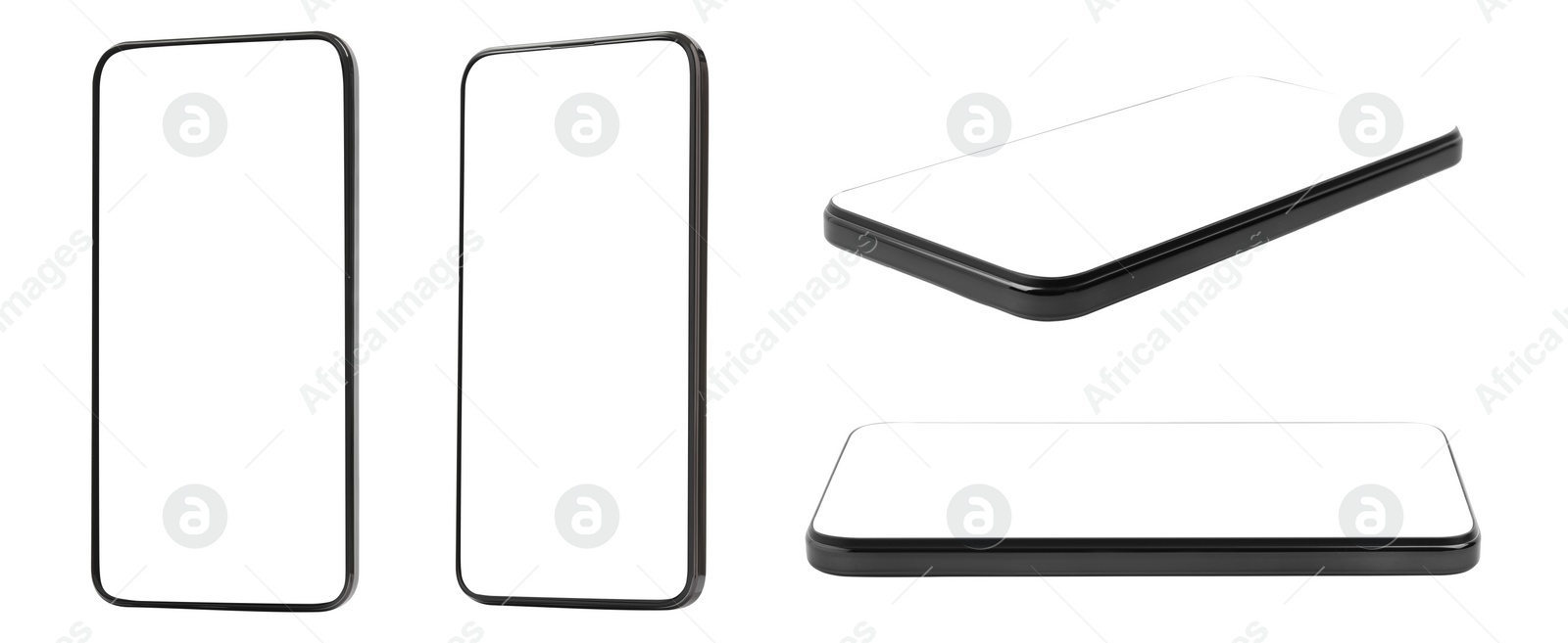 Image of Smartphone with empty screen on white background, different angles. Mockup for design