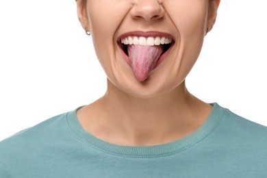 Photo of Happy young woman showing her tongue on white background, closeup