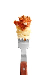 Photo of Fork with delicious pasta bolognese on white background