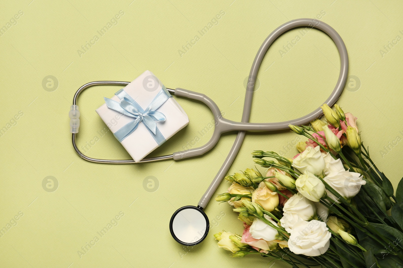 Photo of Stethoscope, gift box and eustoma flowers on light green background, flat lay. Happy Doctor's Day