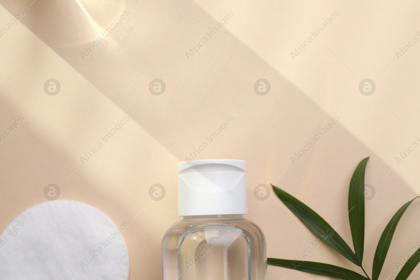Photo of Micellar water and cotton pad on beige background, flat lay. Space for text