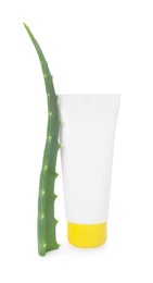 Photo of Tube of natural cream and aloe leaf isolated on white