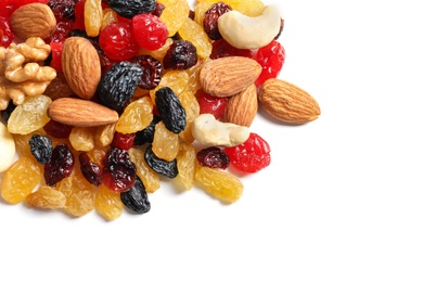 Photo of Different dried fruits and nuts on white background, top view