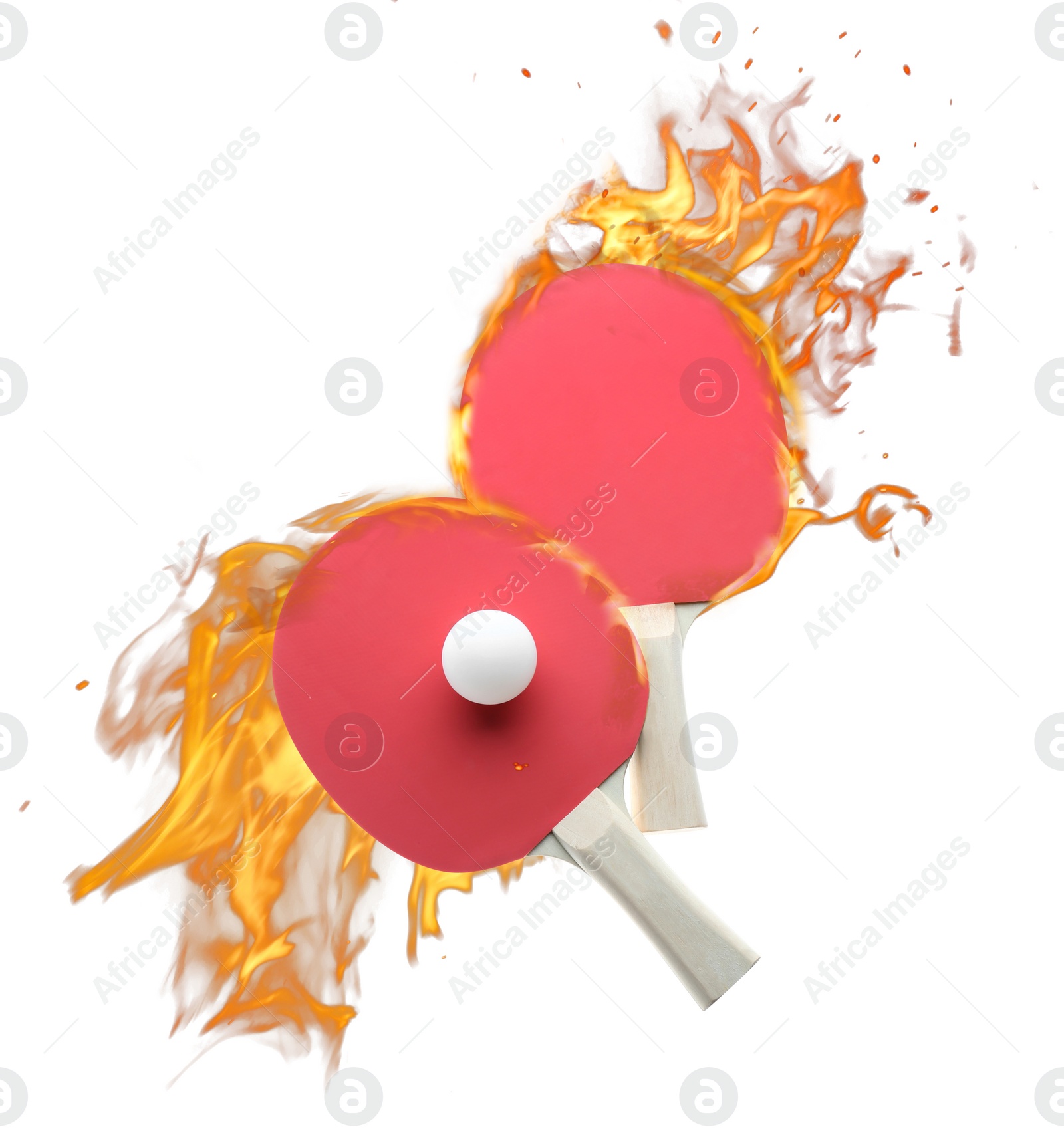 Image of Ping pong rackets and ball in fire on white background