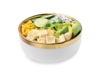 Delicious poke bowl with vegetables, tofu, avocado and microgreens isolated on white