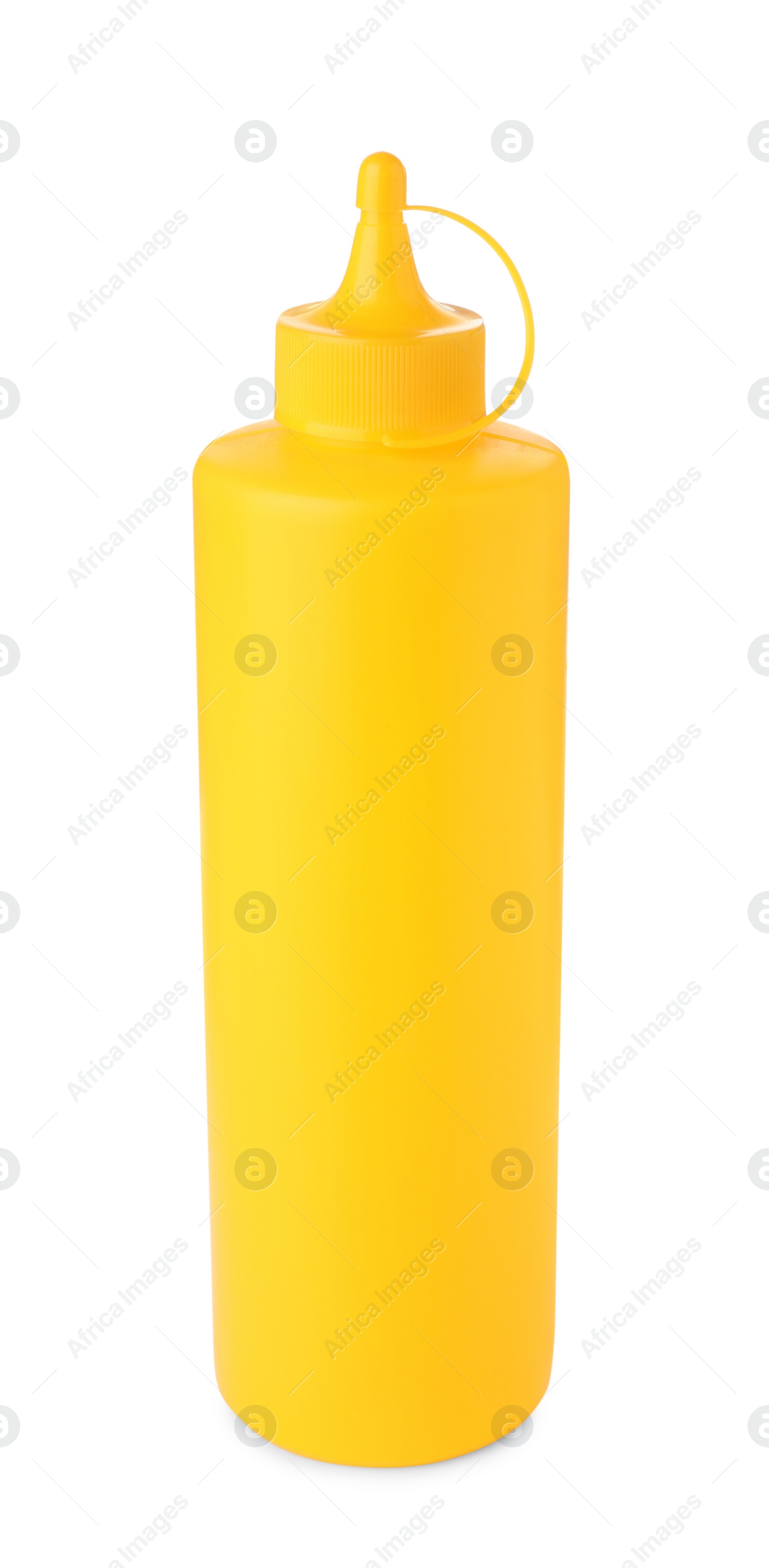 Photo of Plastic bottle of spicy mustard isolated on white