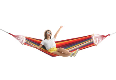 Photo of Woman resting in hammock on white background