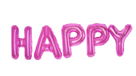 Photo of Word HAPPY made of pink foil balloons letters on white background