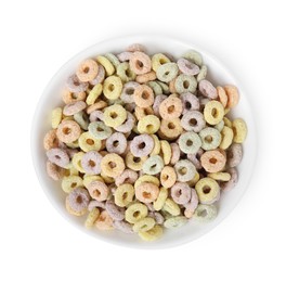 Photo of Tasty cereal rings in bowl isolated on white, top view