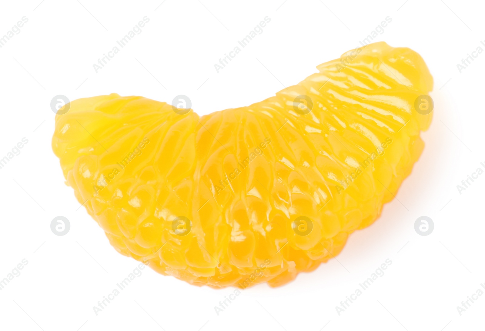 Photo of Piece of peeled fresh ripe tangerine isolated on white, top view