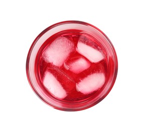 Photo of Glass of red soda water with ice cubes isolated on white, top view