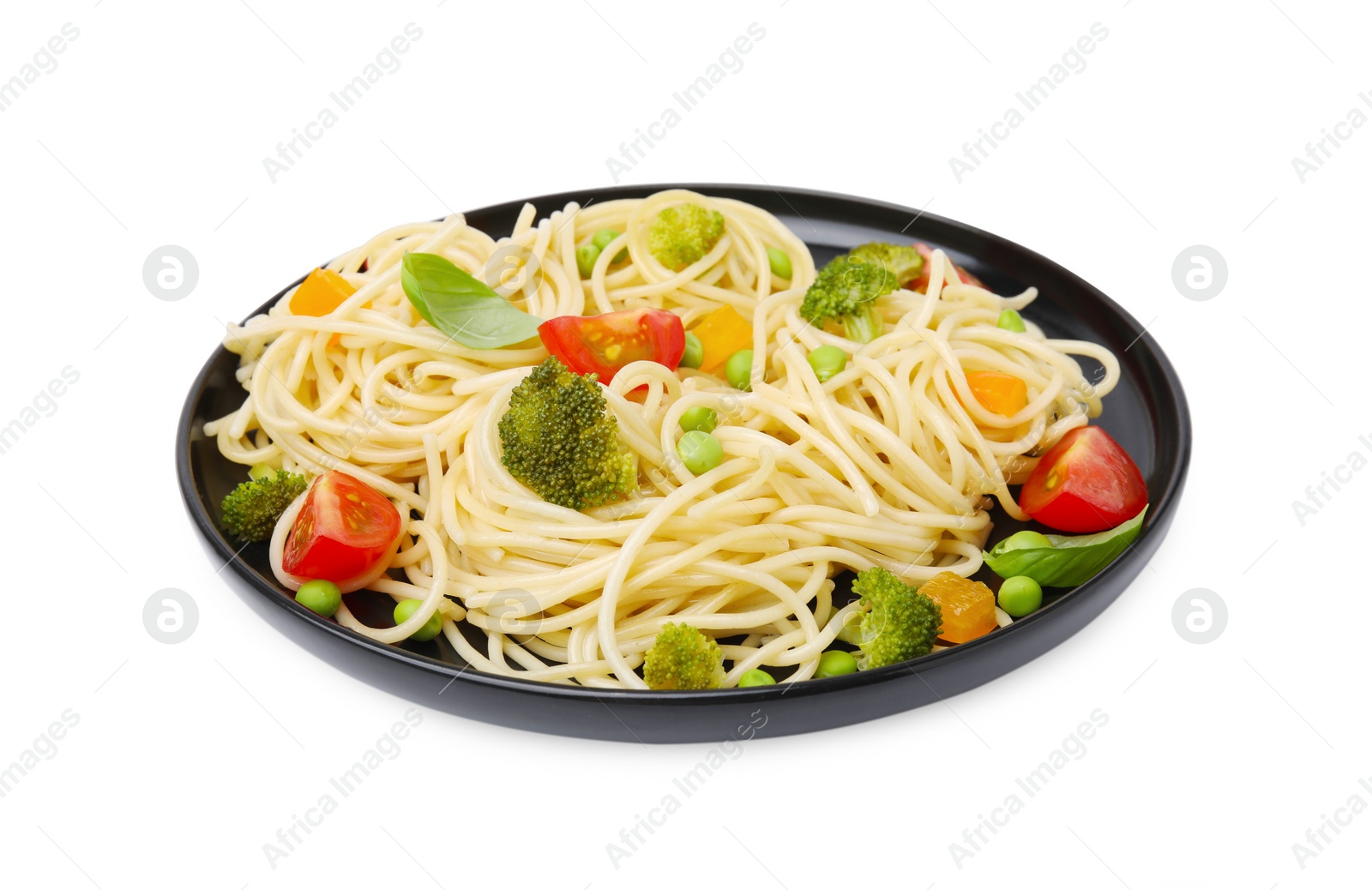 Photo of Plate of delicious pasta primavera isolated on white