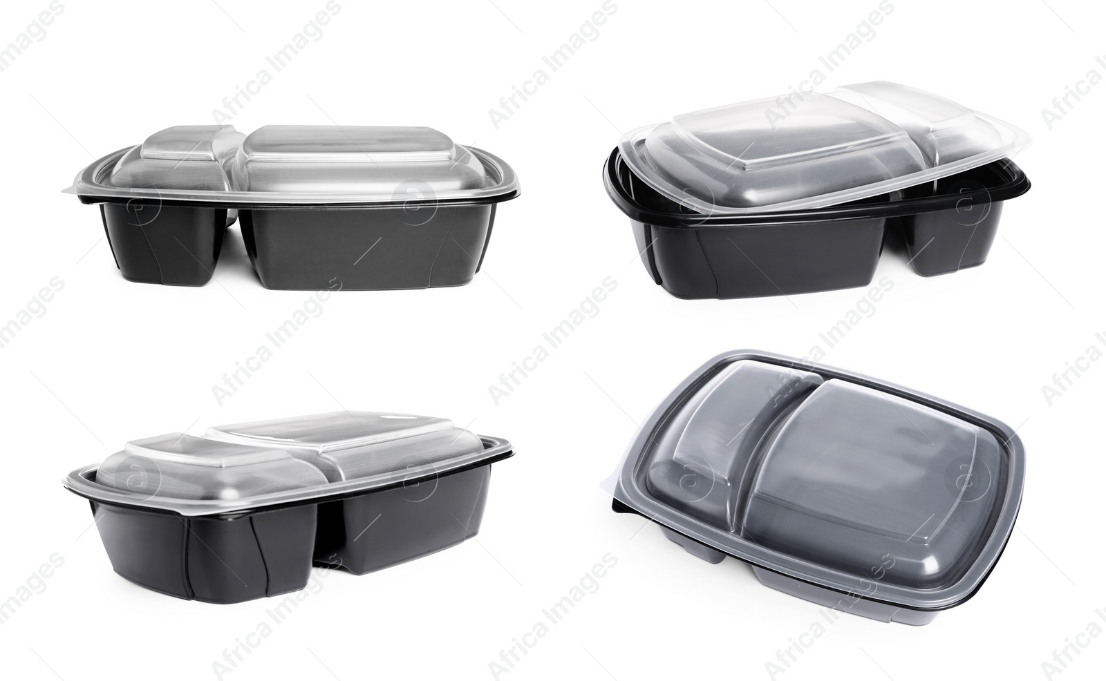 Image of Set with empty lunch containers for food on white background