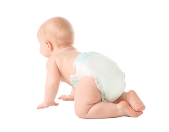 Photo of Cute little baby crawling on white background