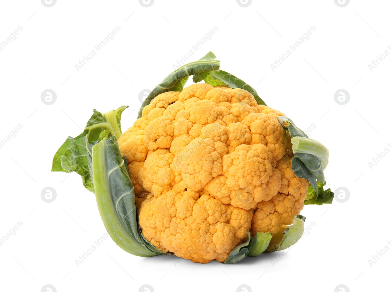 Photo of Yellow cauliflower cabbage on white background. Healthy food