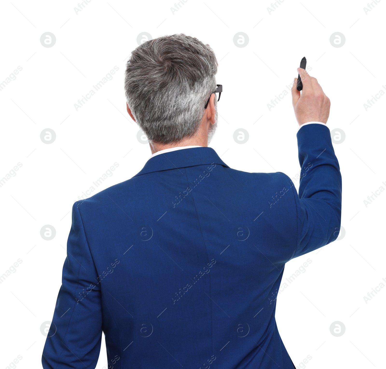 Photo of Mature businessman with marker on white background, back view