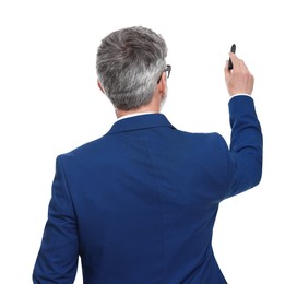 Photo of Mature businessman with marker on white background, back view