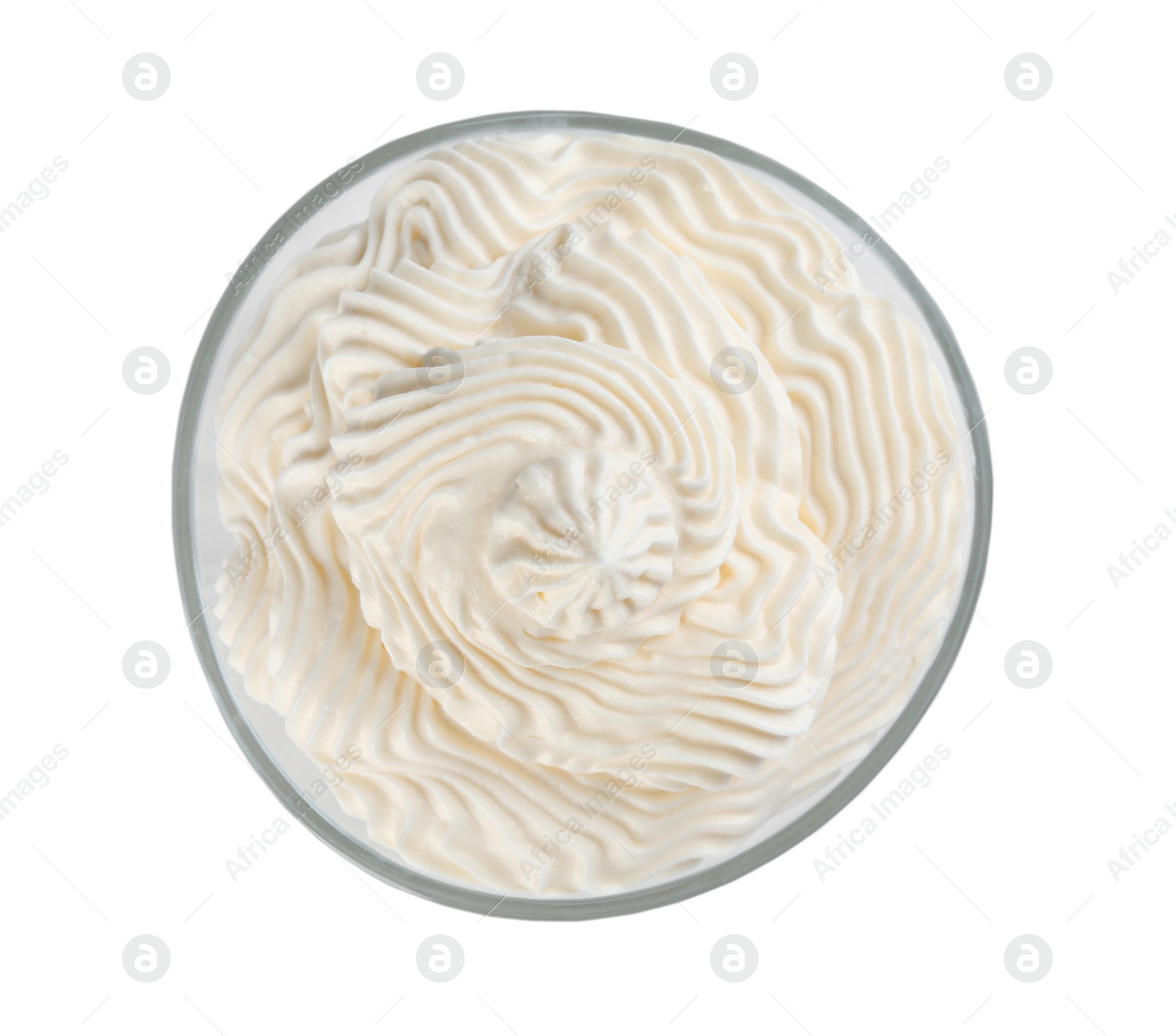 Photo of Delicious whipped cream isolated on white, top view