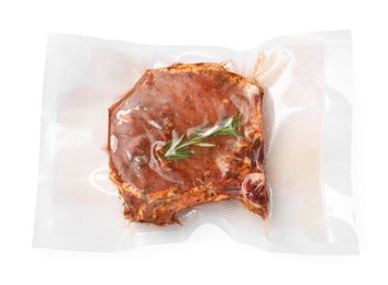 Photo of Vacuum packmeat isolated on white, top view